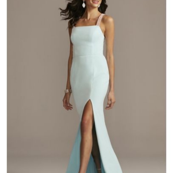 Betsy & Adam Crystal Crossed Straps Black Formal Gown with Cowl Back - Picture 11 of 11